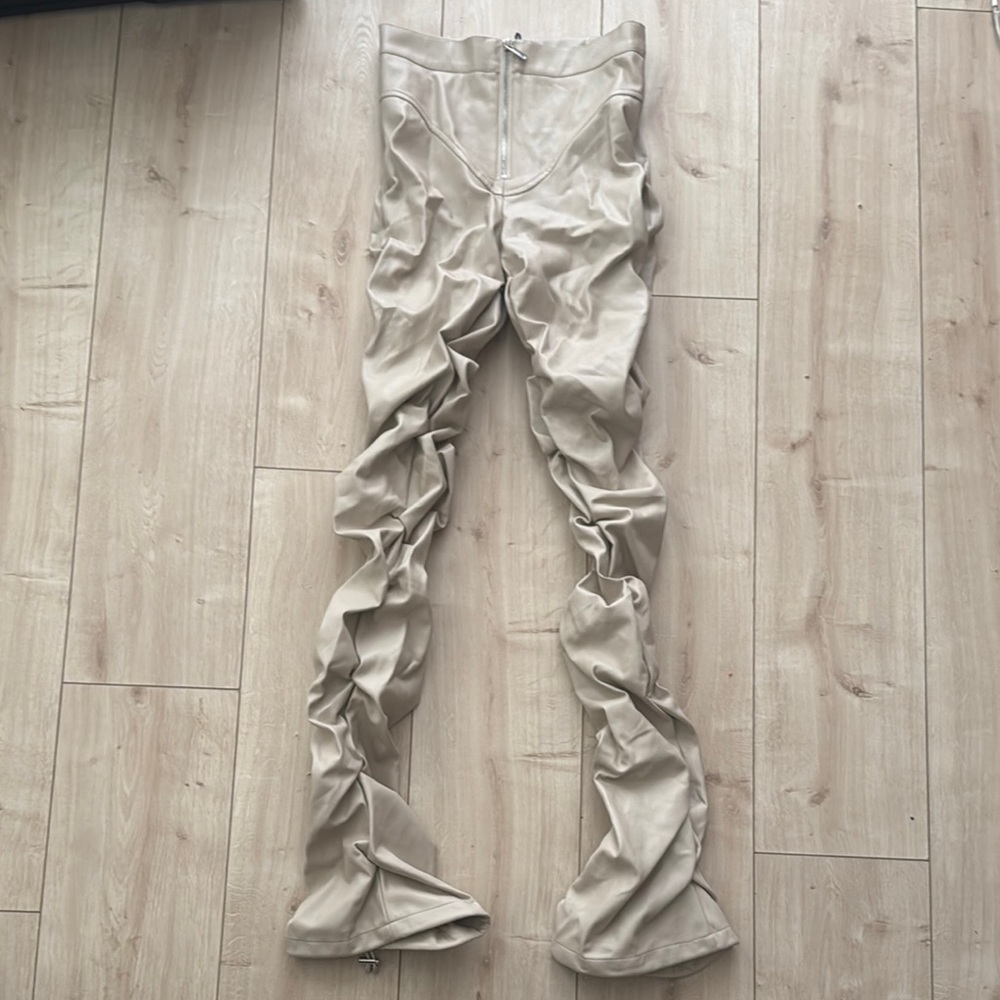 Beige Ruched Leather Pants